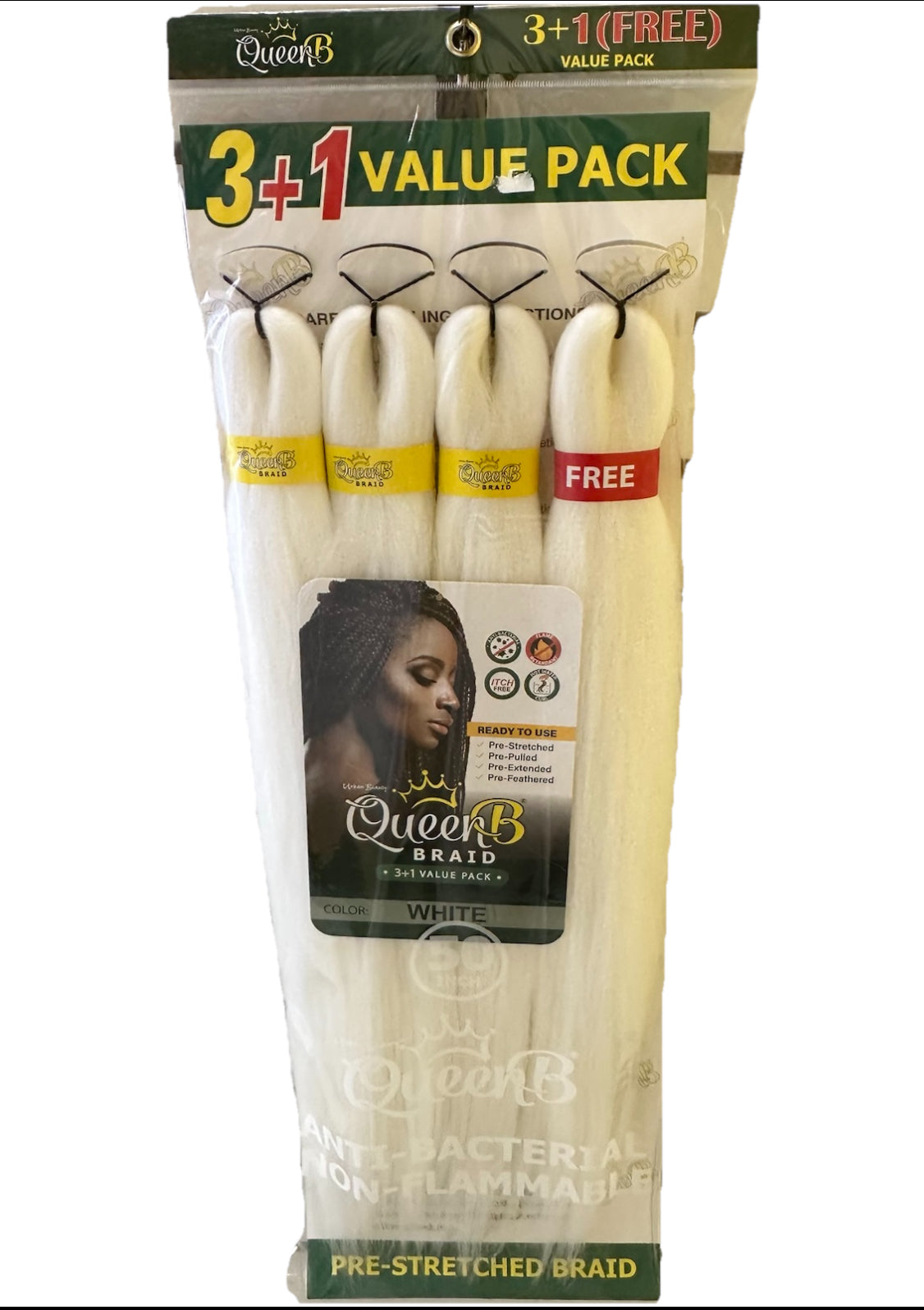 QueenB 4X Value Pack Pre-Stretched Braiding Hair 50” Color #TT1B/RED,#LAVENDERT,#TT1B/27,#RED,#WHITE