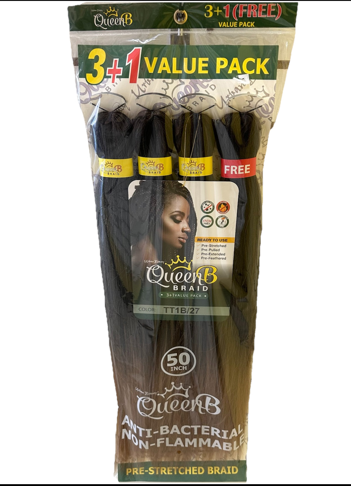 QueenB 4X Value Pack Pre-Stretched Braiding Hair 50” Color #TT1B/RED,#LAVENDERT,#TT1B/27,#RED,#WHITE