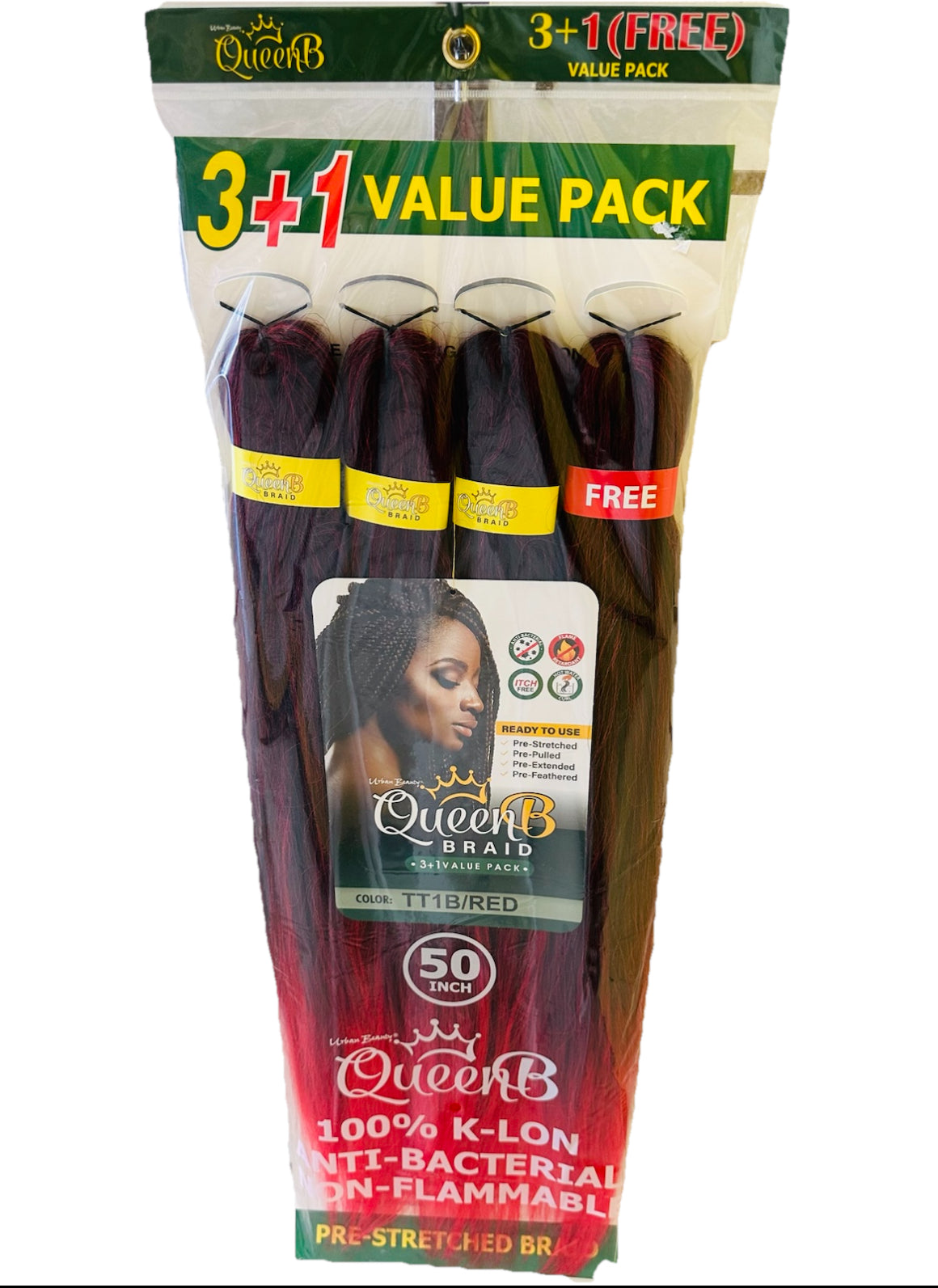 QueenB 4X Value Pack Pre-Stretched Braiding Hair 50” Color #TT1B/RED,#LAVENDERT,#TT1B/27,#RED,#WHITE