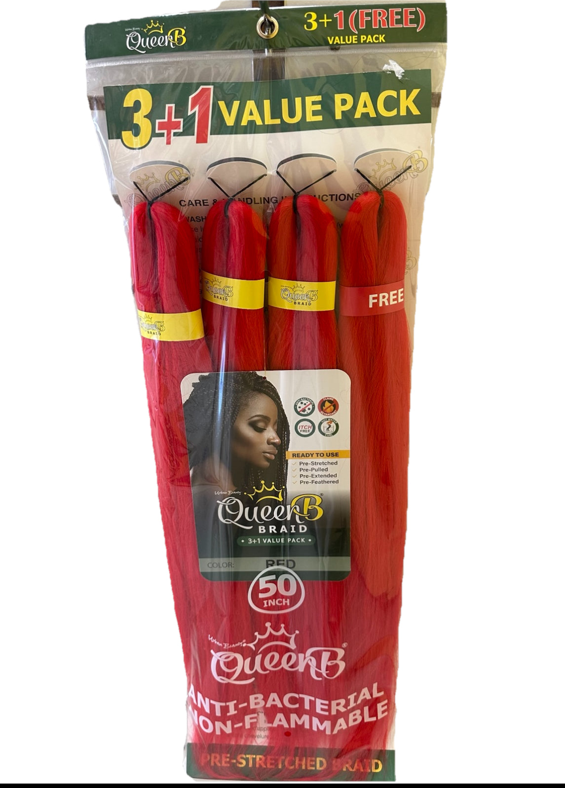 QueenB 4X Value Pack Pre-Stretched Braiding Hair 50” Color #TT1B/RED,#LAVENDERT,#TT1B/27,#RED,#WHITE