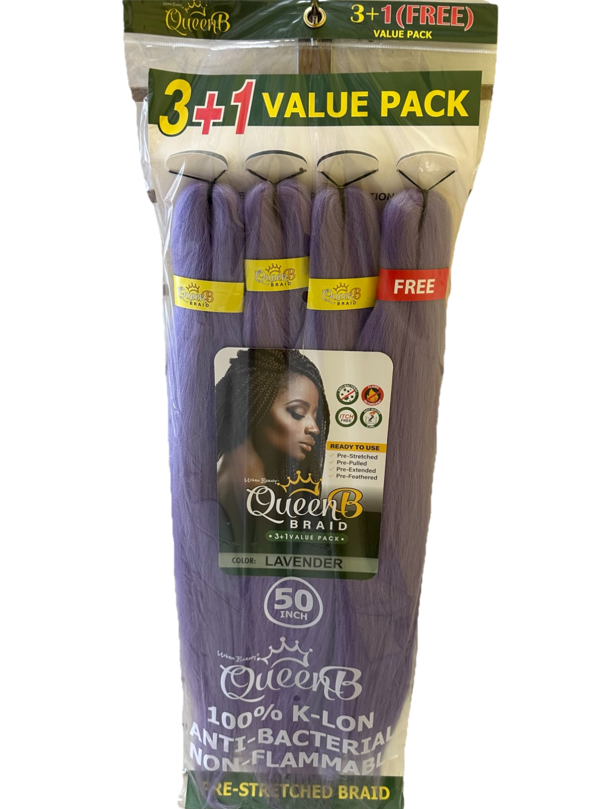 QueenB 4X Value Pack Pre-Stretched Braiding Hair 50” Color #TT1B/RED,#LAVENDERT,#TT1B/27,#RED,#WHITE