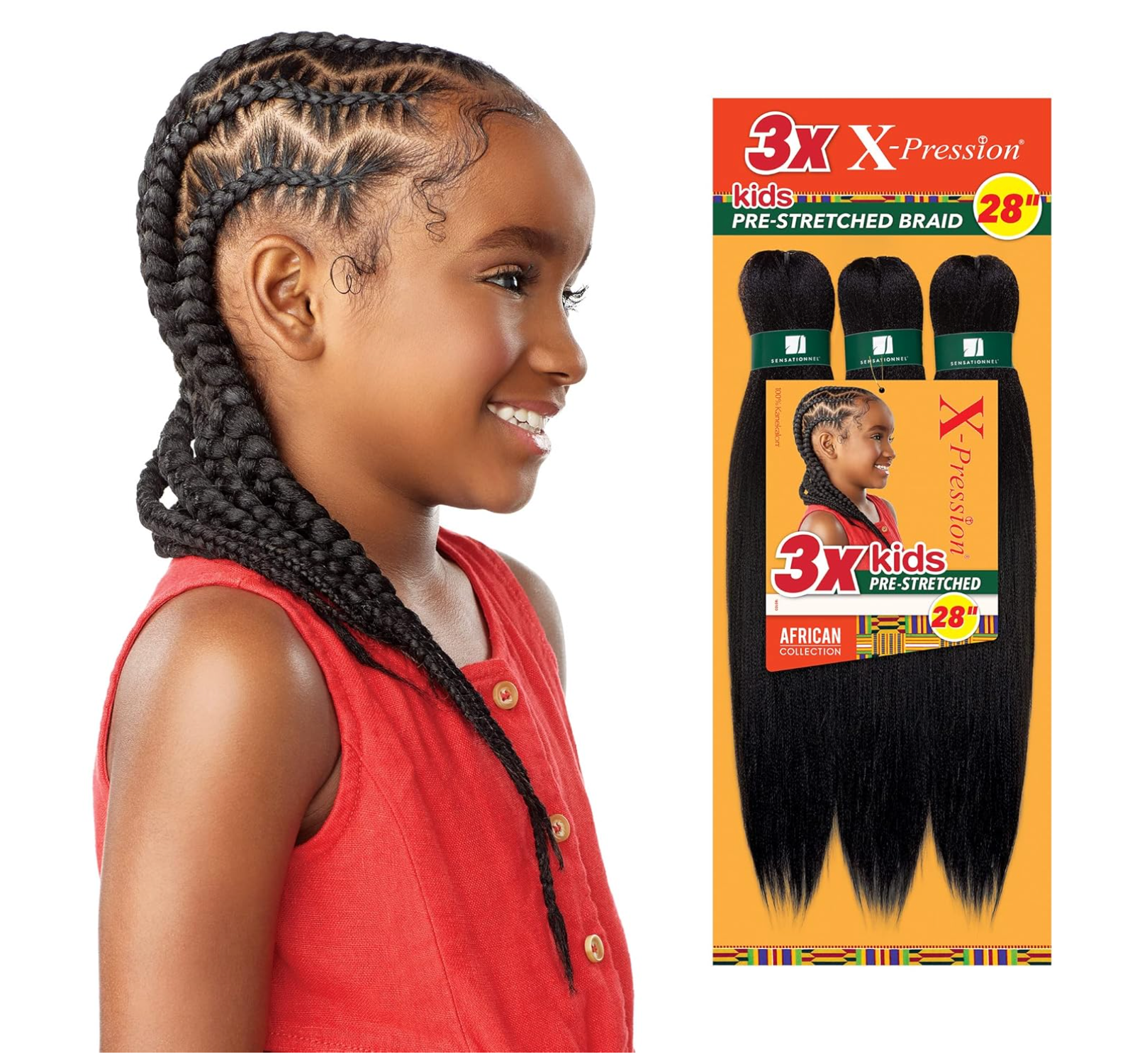 Sensationnel X-Pression Prestretched Braiding Hair - 3X Kids Braid 28 inch   1B color