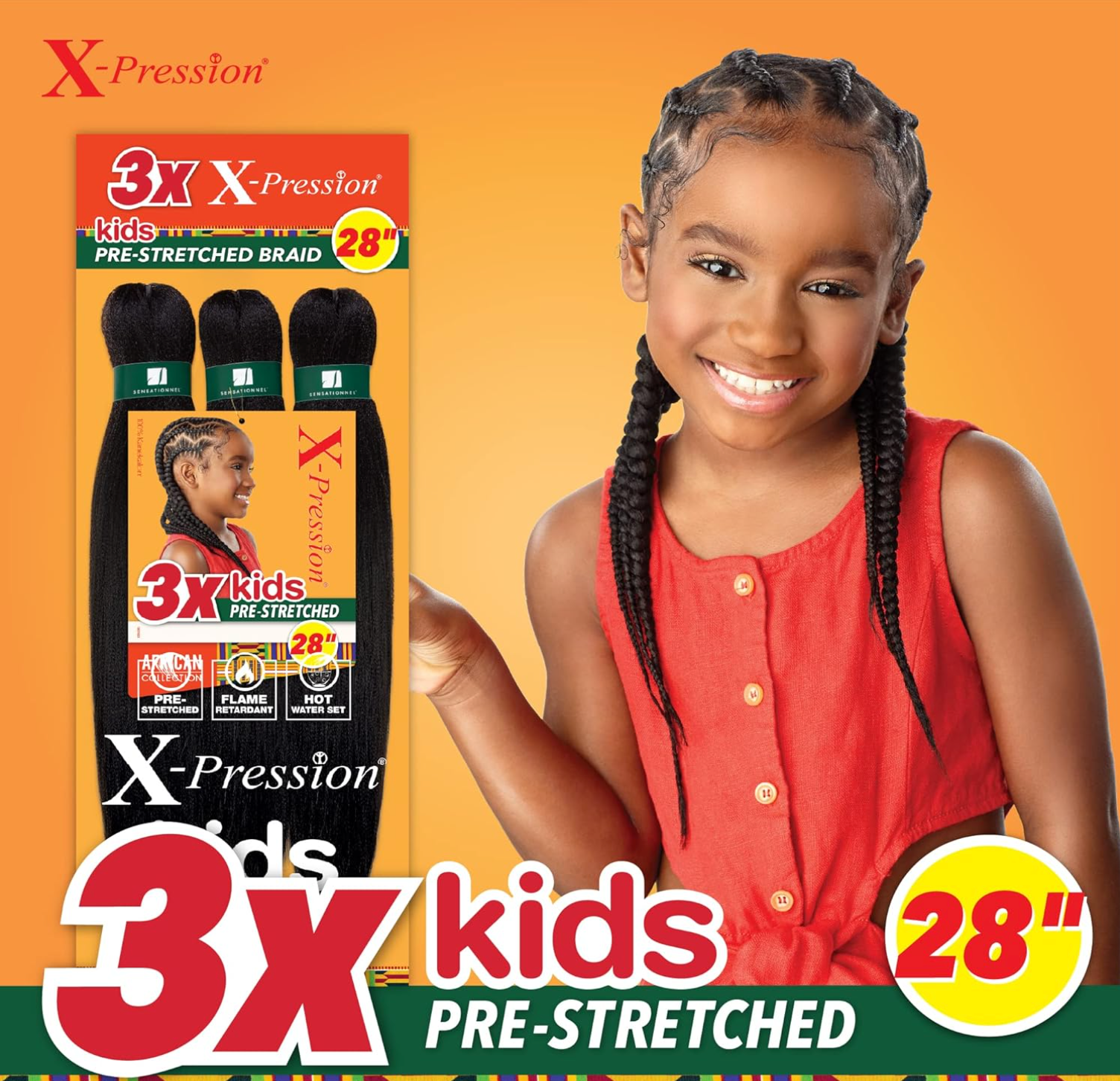 Sensationnel X-Pression Prestretched Braiding Hair - 3X Kids Braid 28 inch   1B color