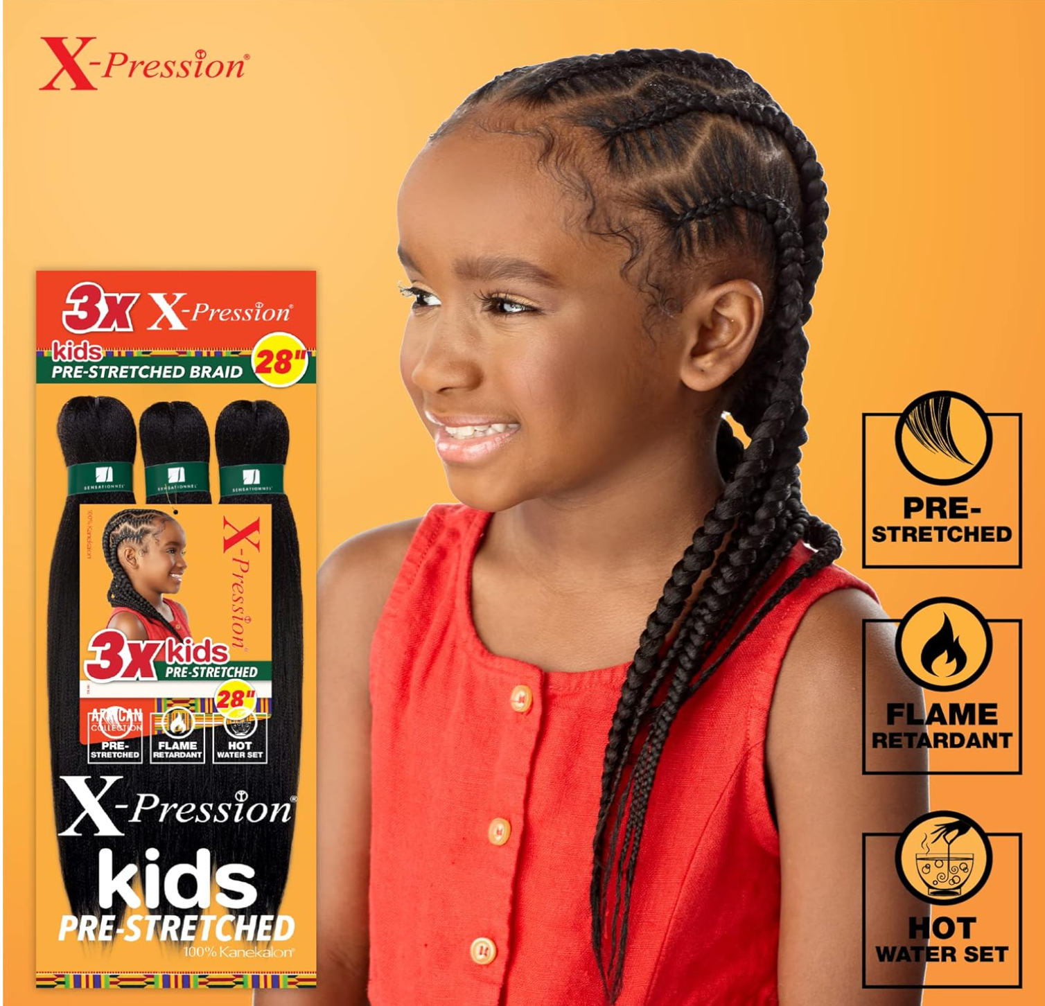 Sensationnel X-Pression Prestretched Braiding Hair - 3X Kids Braid 28 inch   1B color