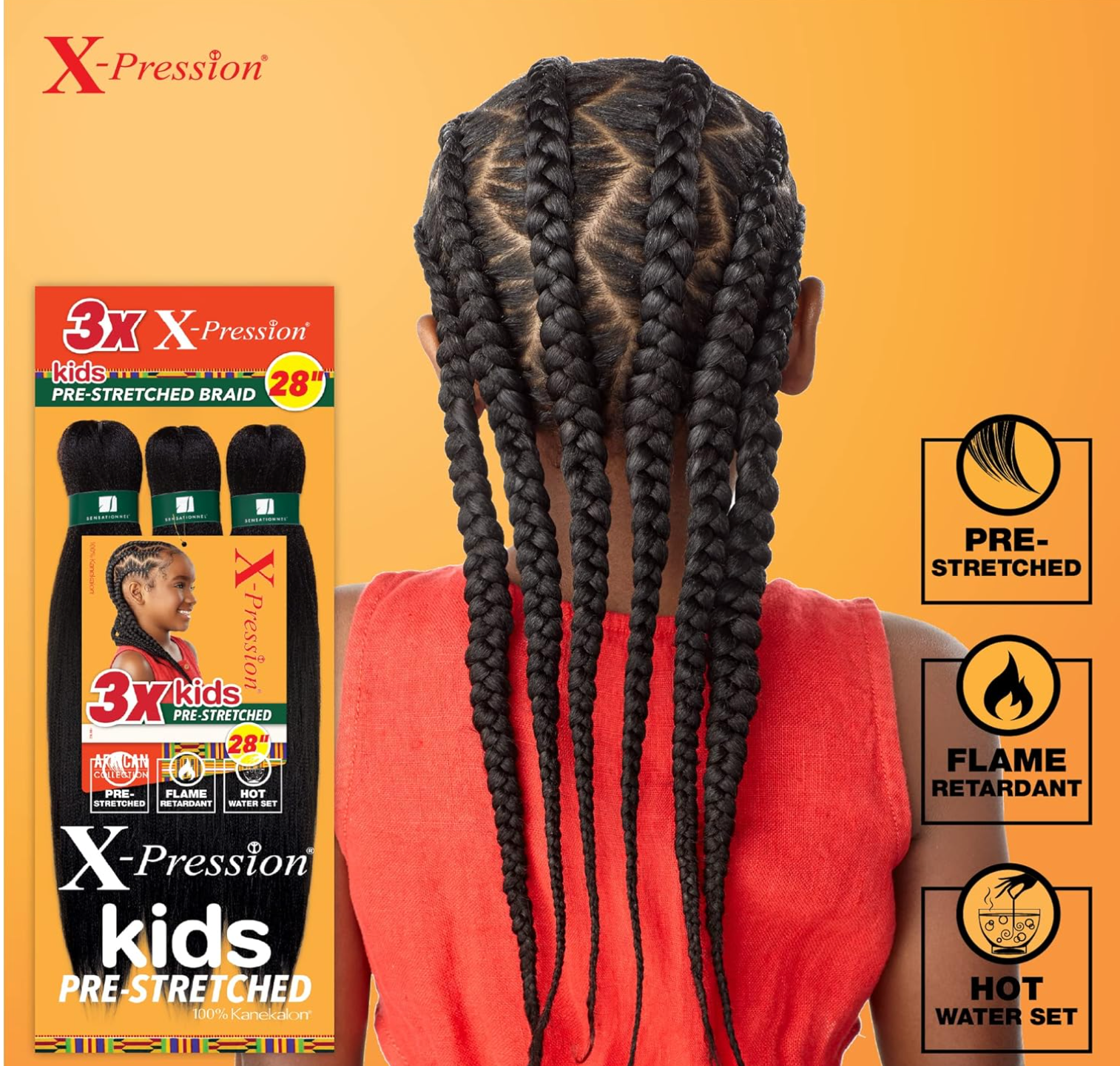 Sensationnel X-Pression Prestretched Braiding Hair - 3X Kids Braid 28 inch   1B color