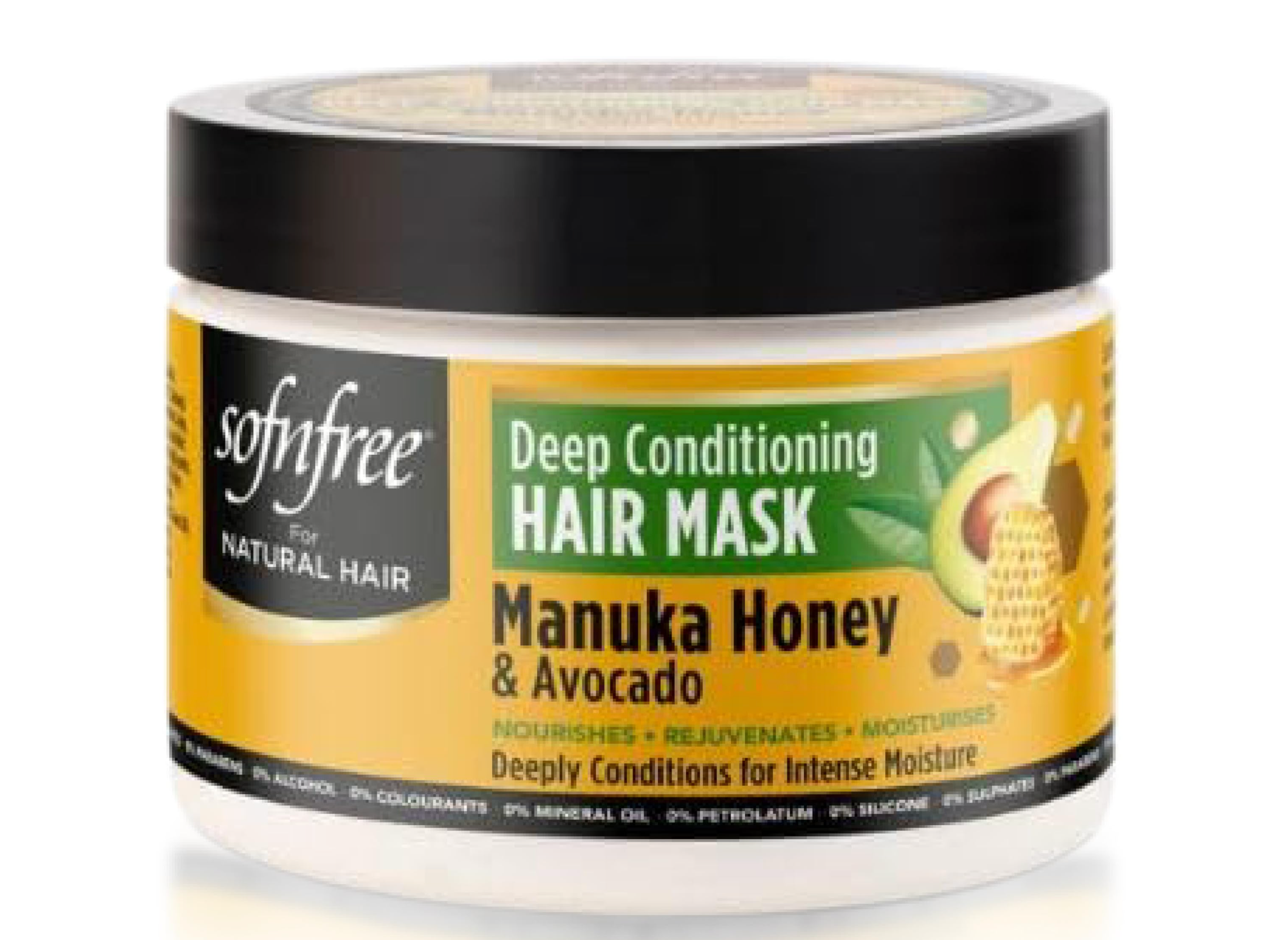 SOF N' FREE Manuka Honey & Avocado Deep Conditioning Hair Mask for Curly Hair Moisturizing and Shine Enhancing Hair Treatment - 11 fl oz