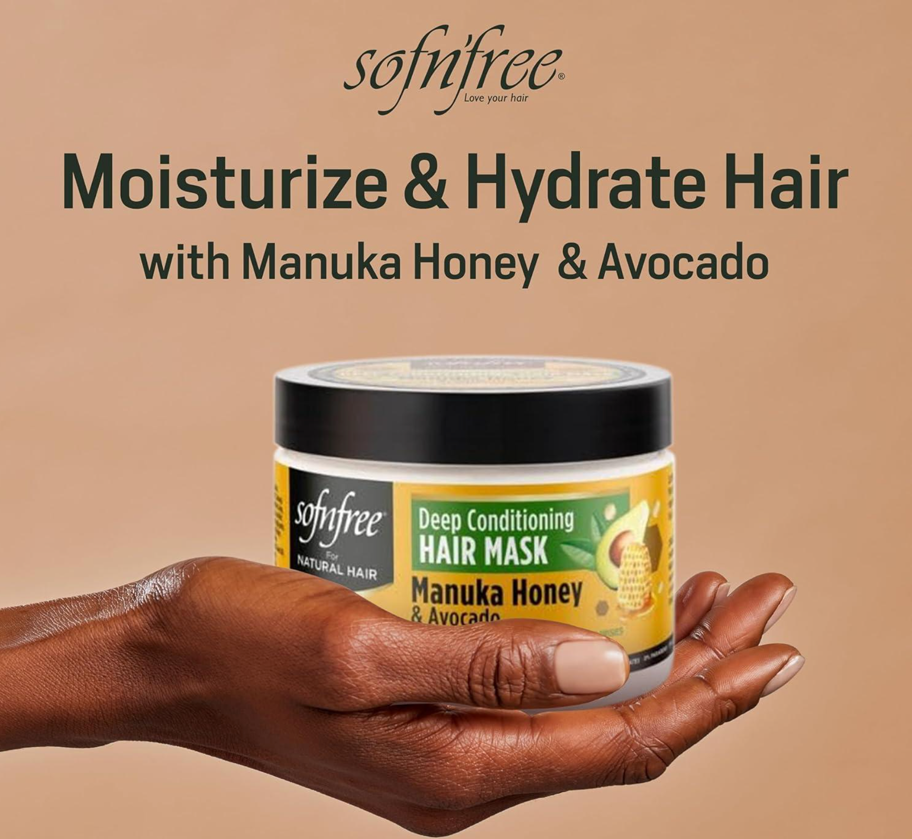 SOF N' FREE Manuka Honey & Avocado Deep Conditioning Hair Mask for Curly Hair Moisturizing and Shine Enhancing Hair Treatment - 11 fl oz