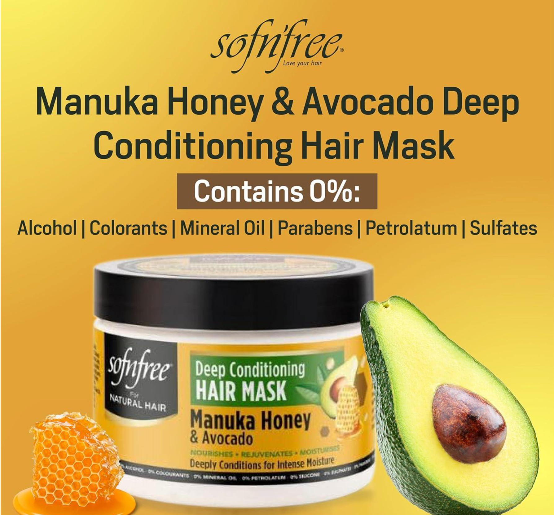 SOF N' FREE Manuka Honey & Avocado Deep Conditioning Hair Mask for Curly Hair Moisturizing and Shine Enhancing Hair Treatment - 11 fl oz