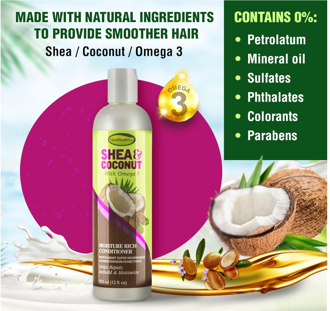 Shea & Coconut Moisture Rich Conditioner for Relaxed and Natural, Curly Hair - Helps Smooth, Repair, Rebuild, & Moisturize with Omega 3, Sulfate-Free - Sofn’Free