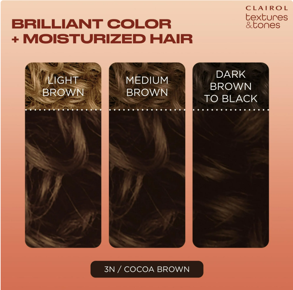 Clairol Textures & Tones Hair Dye Ammonia-Free Permanent Hair Color Creme, 3N Cocoa Brown,