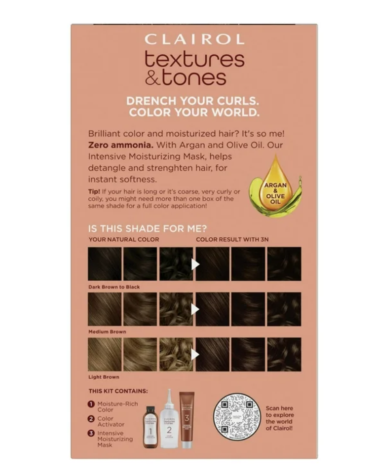 Clairol Textures & Tones Hair Dye Ammonia-Free Permanent Hair Color Creme, 3N Cocoa Brown,