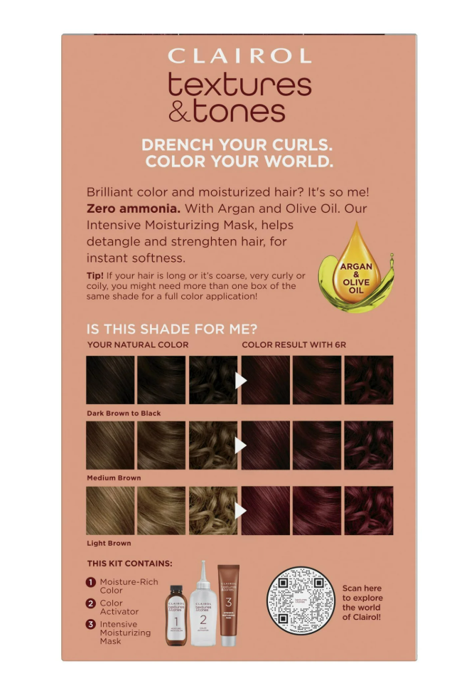 Clairol Textures & Tones Hair Dye Ammonia-Free Permanent Hair Color Creme, 6R Ruby Red
