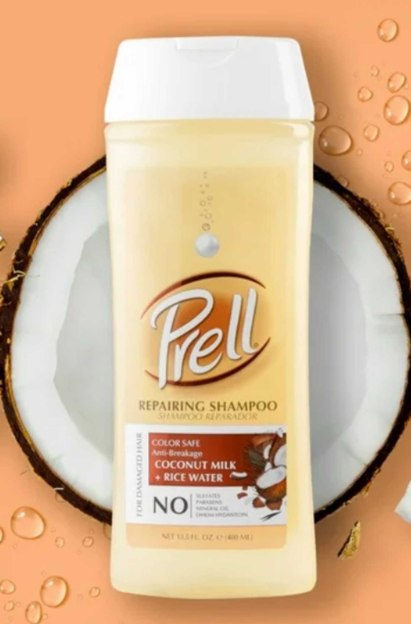 Prell Coconut Milk + Rice Water Color Safe Anti-Breakage Repairing Shampoo for Damaged Hair, 13.5oz