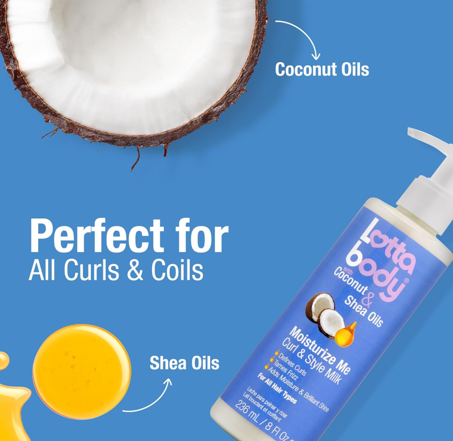 Lottabody Moisturize Me Curl and Style Milk with Coconut & Shea Oils, Lightweight Moisture-Rich Curl-Defining & Frizz-Control Styling Milk for Natural Curly, Coily & Relaxed Hair, 8 oz