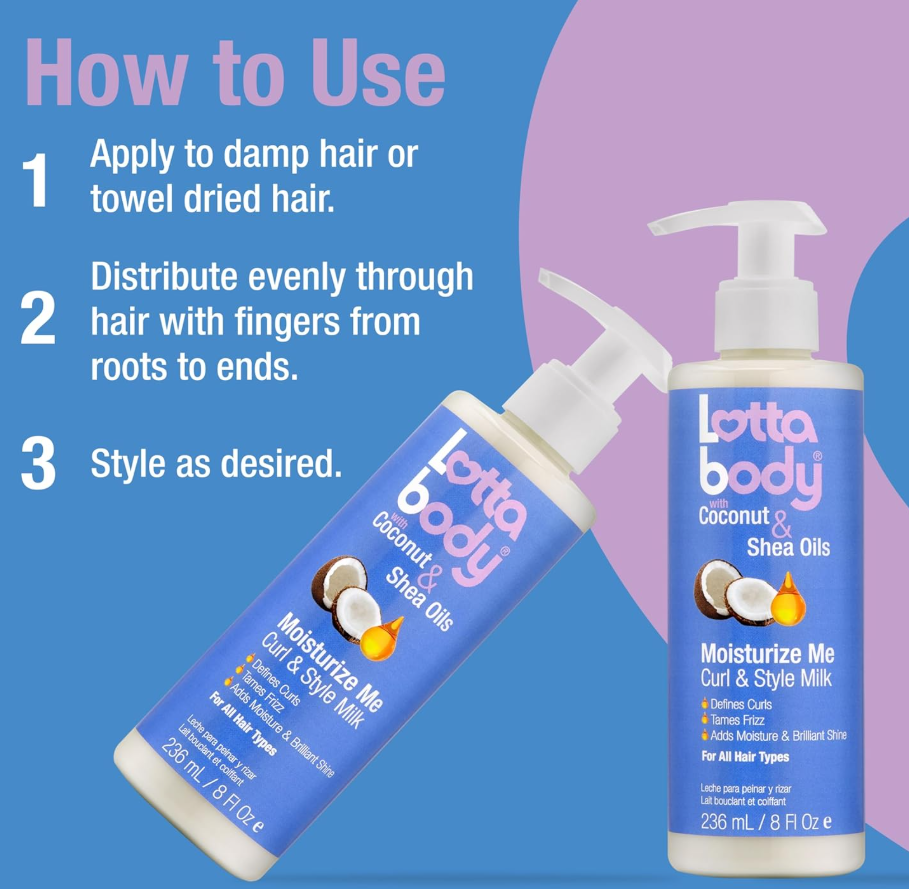 Lottabody Moisturize Me Curl and Style Milk with Coconut & Shea Oils, Lightweight Moisture-Rich Curl-Defining & Frizz-Control Styling Milk for Natural Curly, Coily & Relaxed Hair, 8 oz