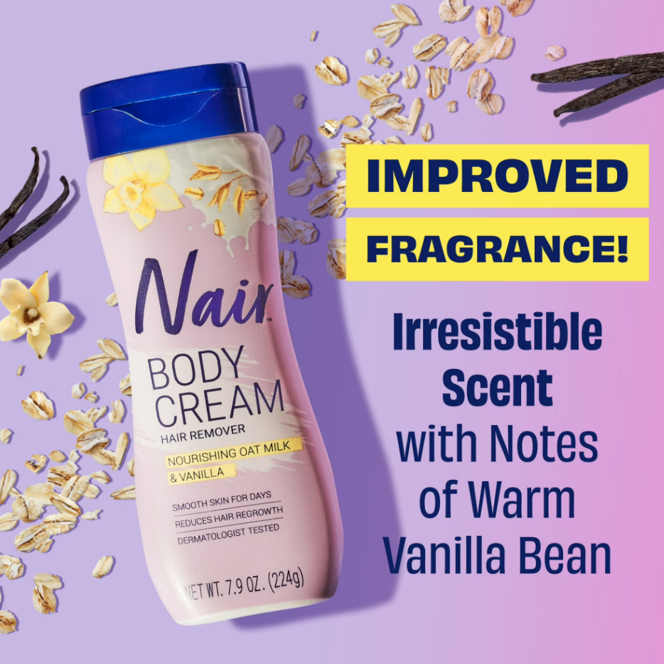 Nair Body Cream Hair Remover, Oat Milk & Vanilla, Body Hair Removal Cream for Women, 7.9 oz