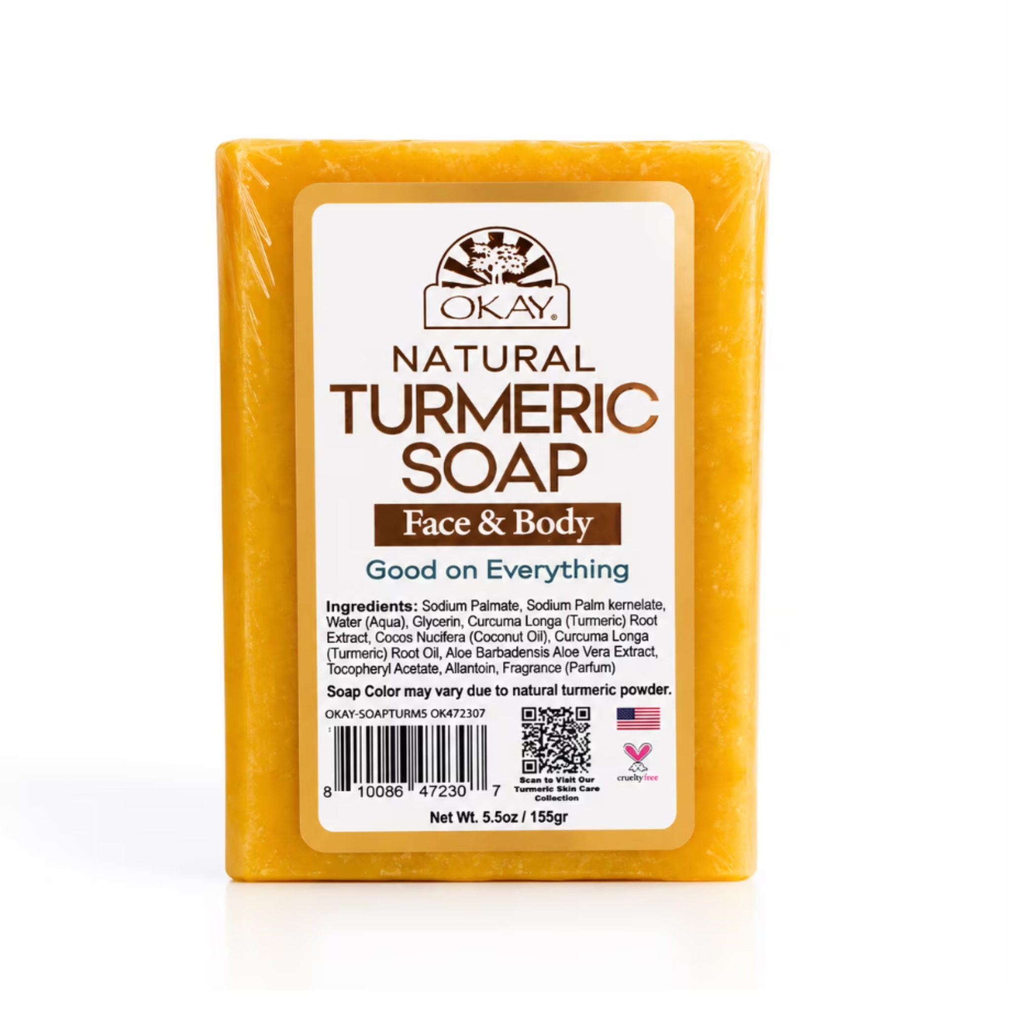 OKAY Pure Naturals Turmeric Soap Bar, Brightening & Deep Cleansing Bath Soap with Turmeric Extract, Helps Even Skin Tone & Refresh Skin, Paraben & Sulfate Free