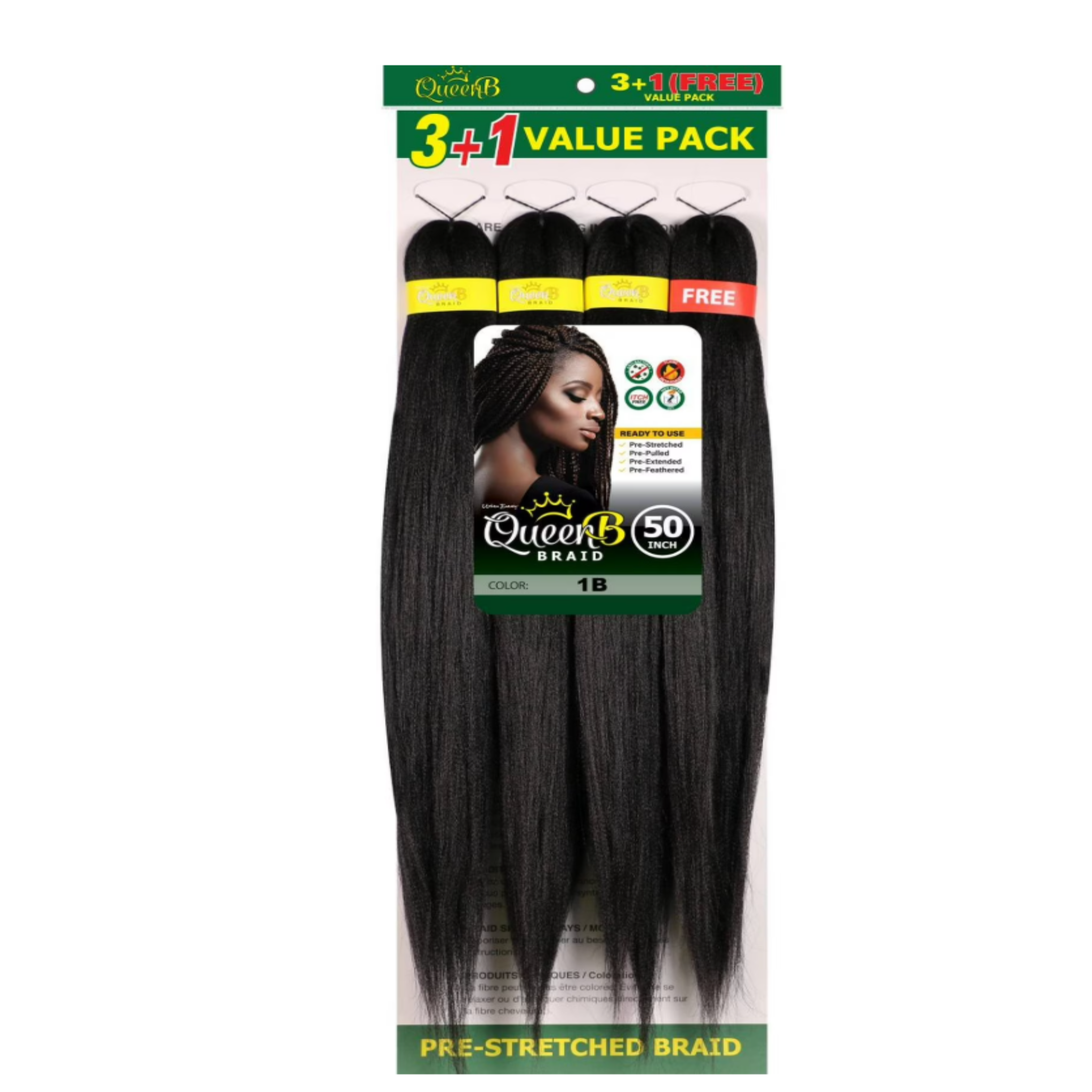 QueenB 4X Value Pack Pre-Stretched Braiding Hair 50”