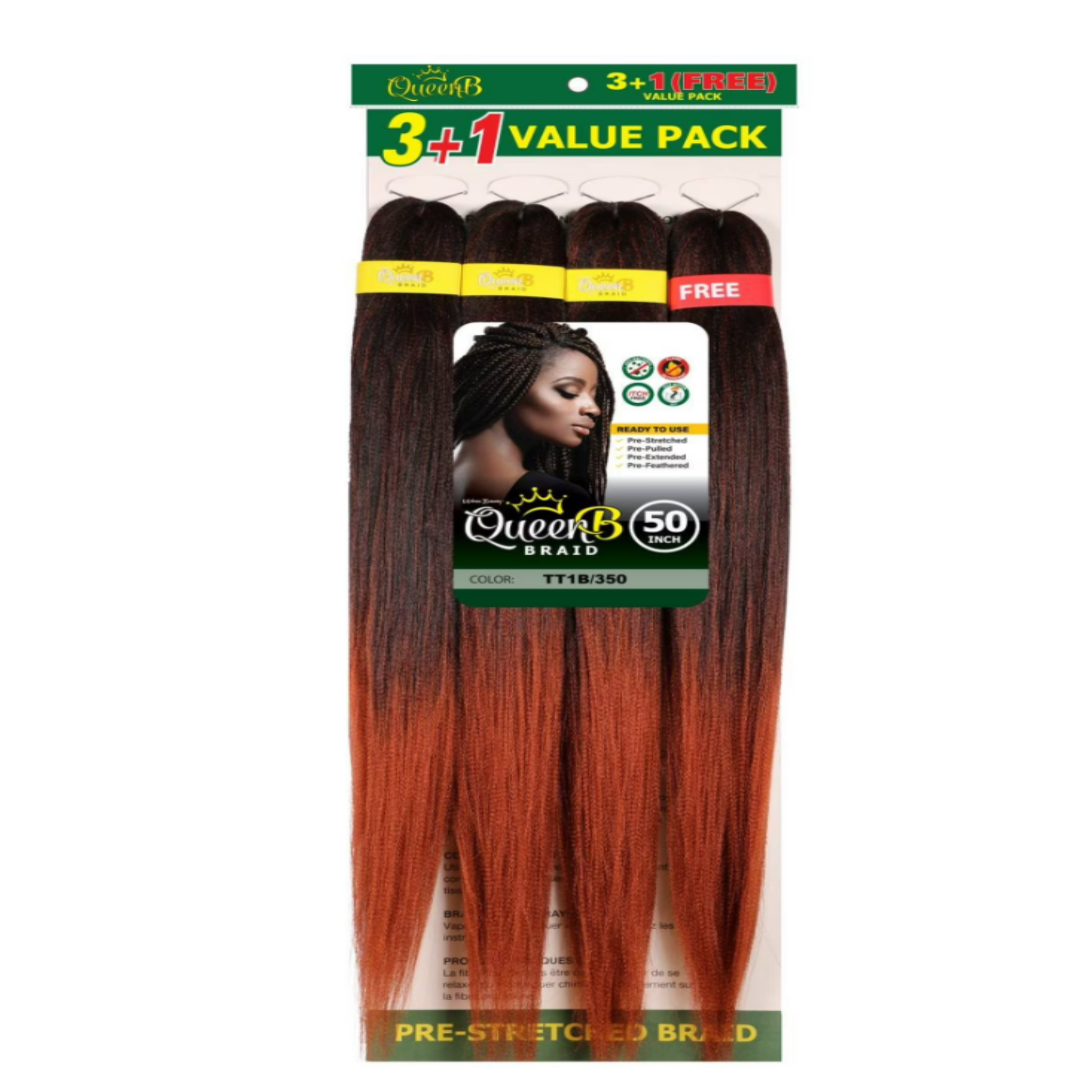 QueenB 4X Value Pack Pre-Stretched Braiding Hair 50”