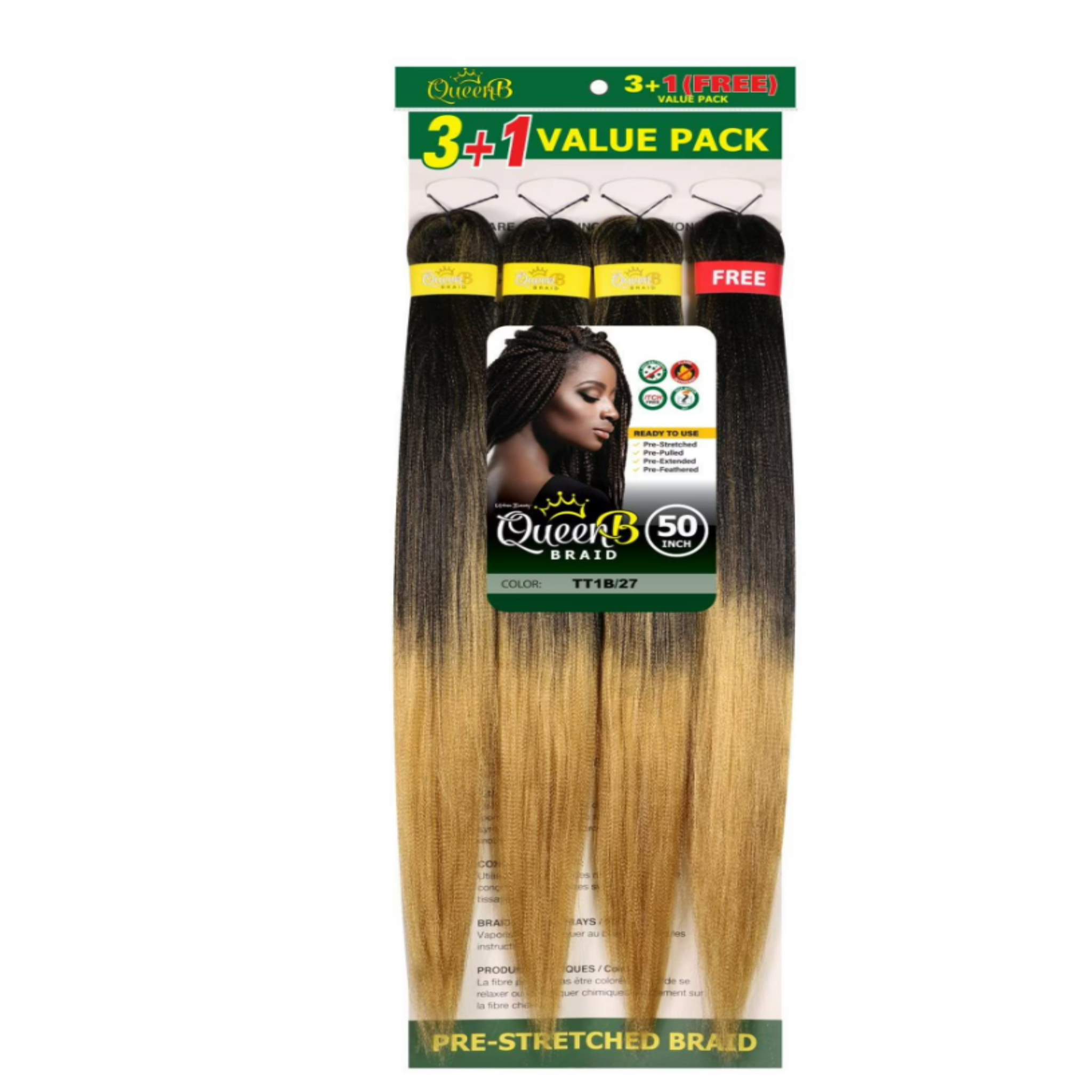 QueenB 4X Value Pack Pre-Stretched Braiding Hair 50”